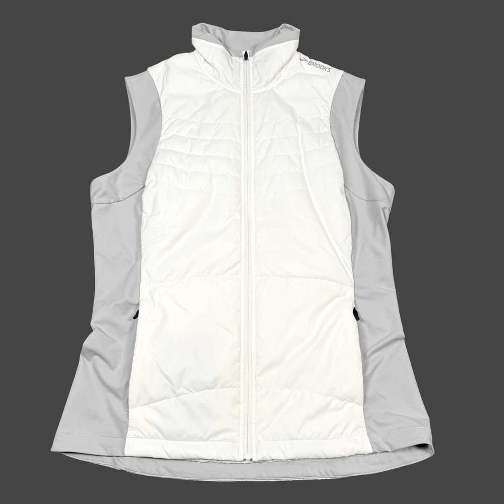 Brooks Running Vest Women Large White Gray Quilted Full Zip Reflective Athletic